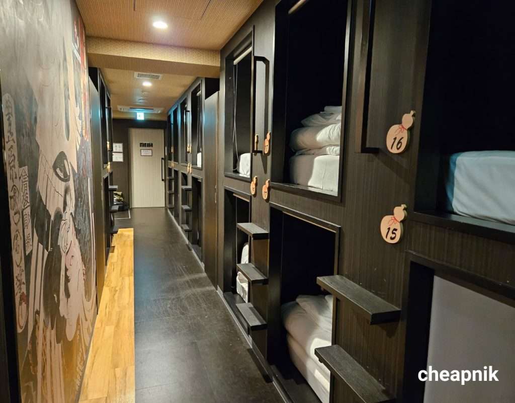 The capsule beds at the dormroom in Hotel Tomariya Ueno in Tokyo