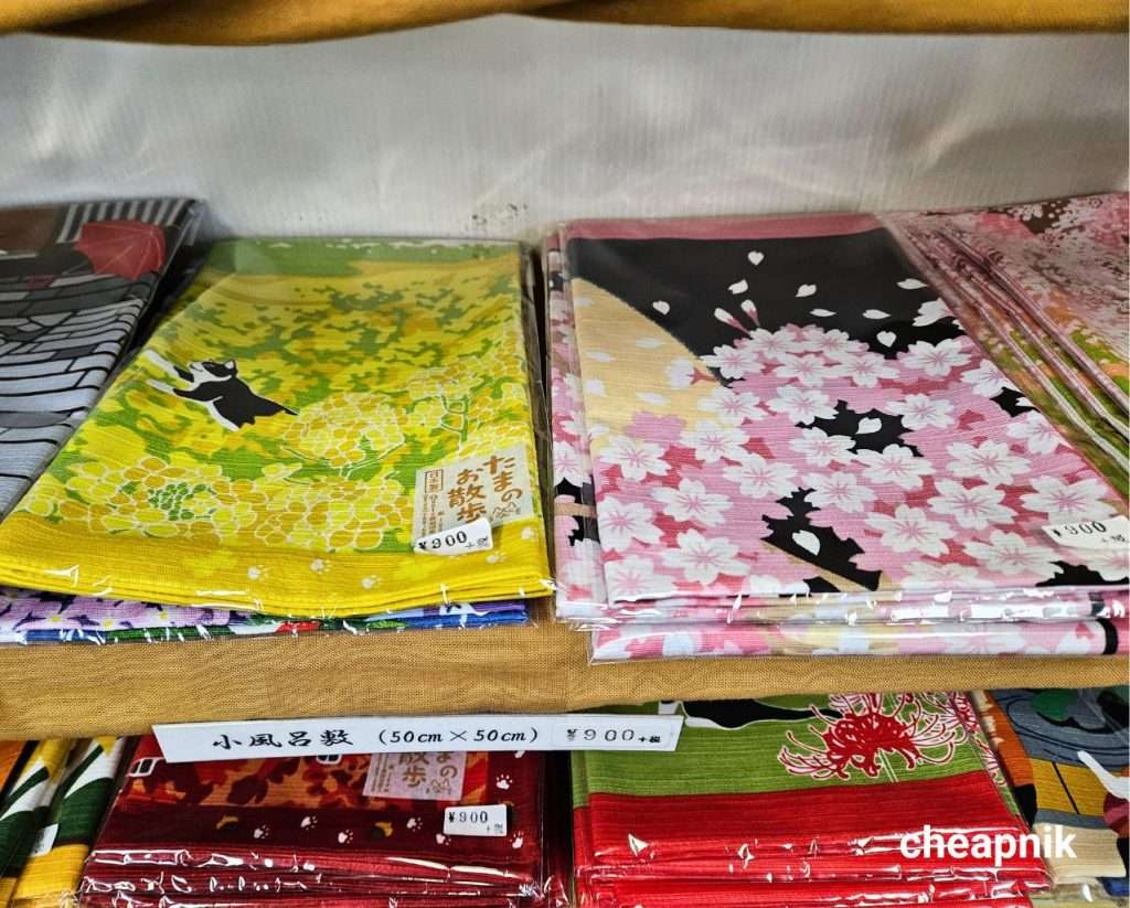 Colorful furoshiki or Japanese wrapping cloth at the Ginza Oonoya in Tokyo