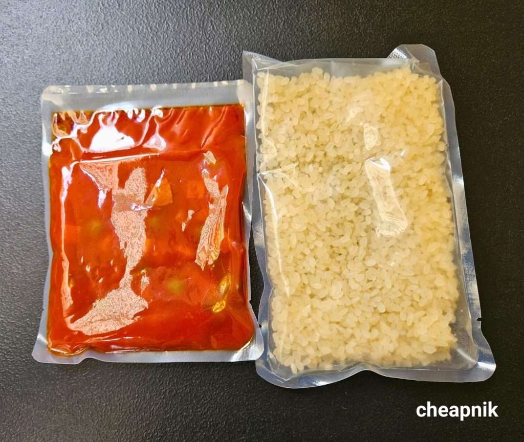 The rice and sauce packets of the instant omurice from Kaldi Coffee Farm