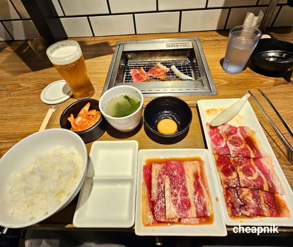 Beef rib set with rice, soup, raw egg, and beer at Yakiniku Like