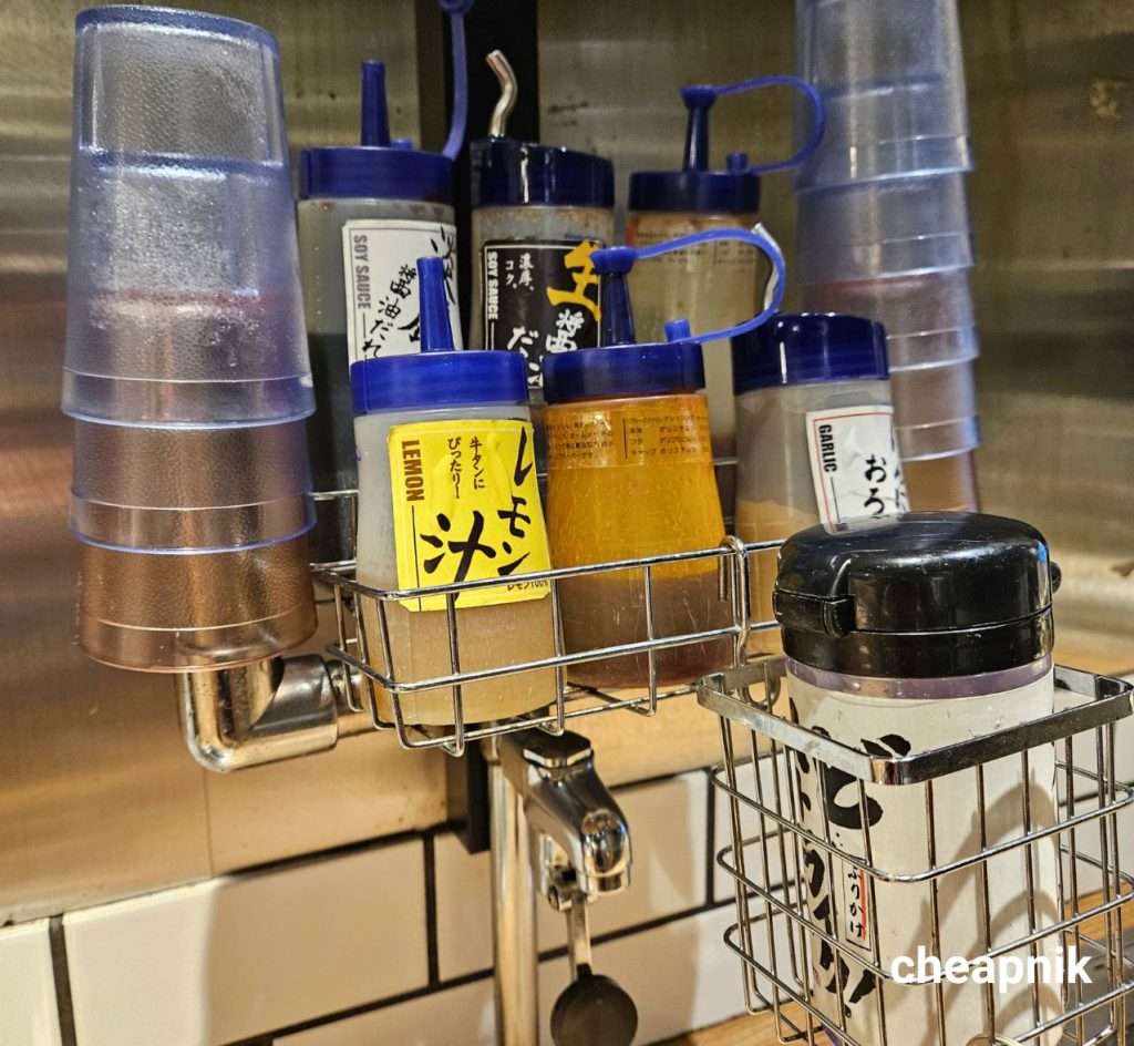 Sauce and water station at Yakiniku Like