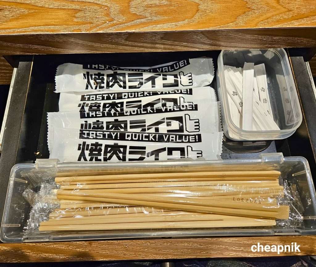 Wet wipes, toothpick, chopsticks in the drawer at Yakiniku Like