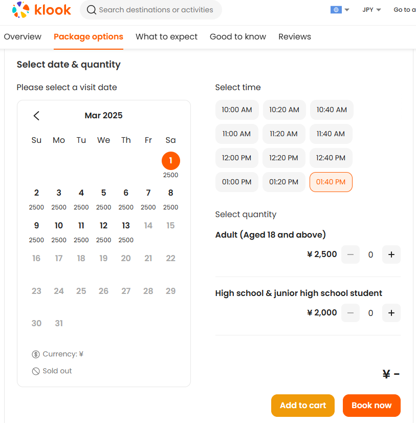 Selecting date and timeslot for Shibuya Sky tickets via Klook