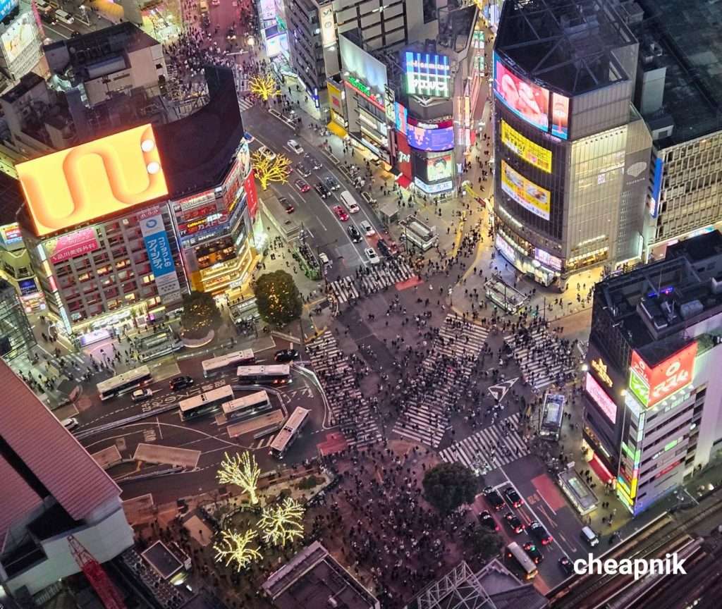 Evening view of Shibuya scramble crossing from Shibuya Sky