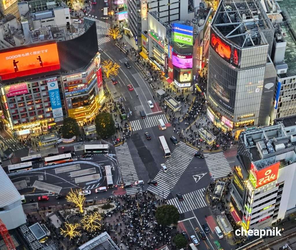 Sunset view of Shibuya scramble crossing from Shibuya Sky