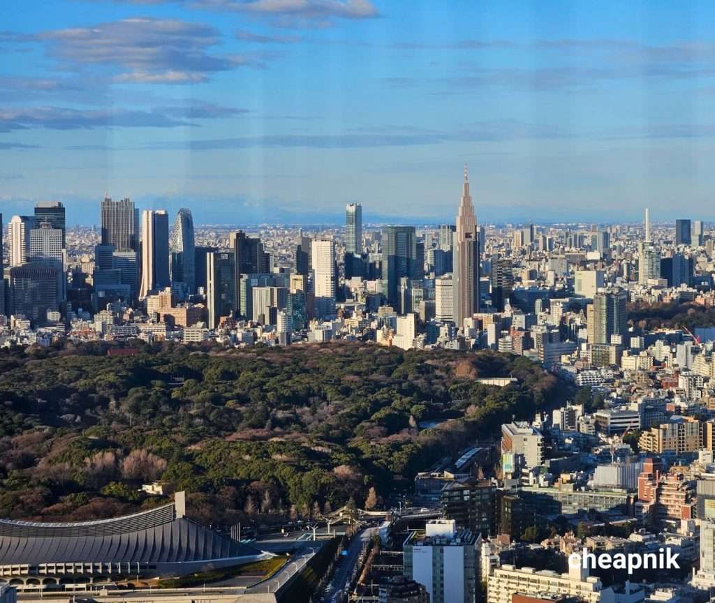 View of Yoyogi Park, Meiji Jingu, NTT Docomo Yoyogi Building, Shinjuku Skyline, and Tokyo Mode Gakuen from Shibuya Sky