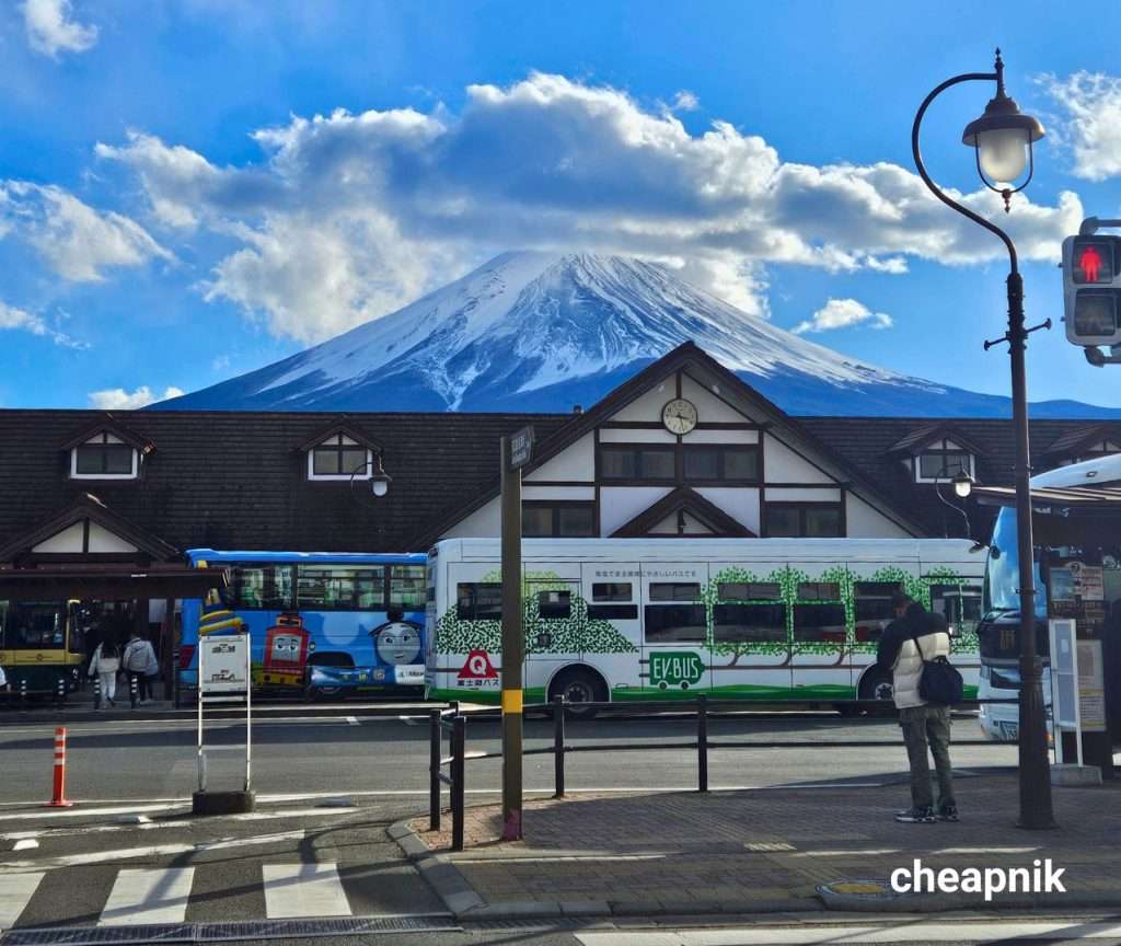 Mt. Fuji shown behind Kawaguchiko Station