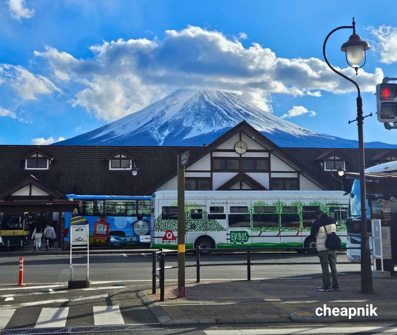 Mt. Fuji shown behind Kawaguchiko Station