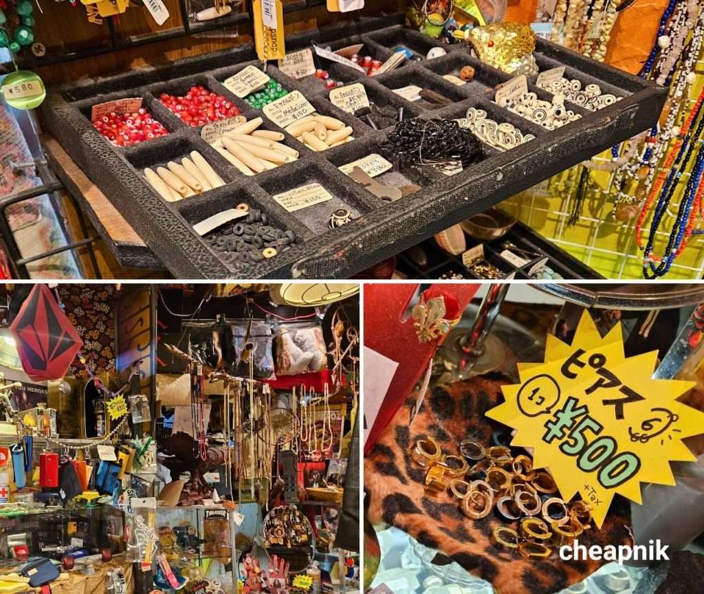 Earrings, rings, necklaces, beads, jewelry accessories at The Gate Koenji in Tokyo