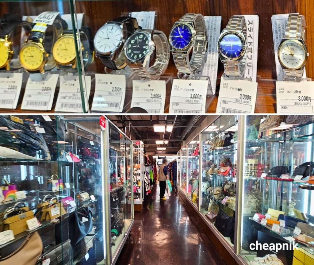 Used watches and rows of luxury handbags at Book Off