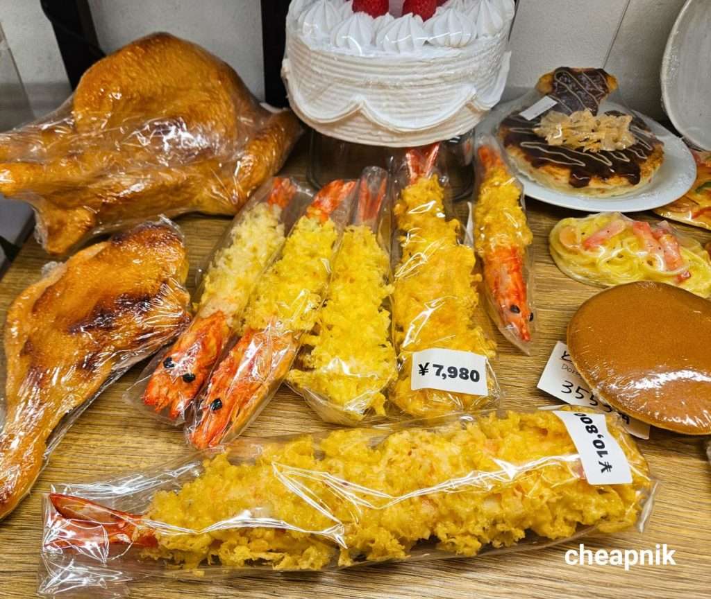 Japanese fake food samples tempura fried chicken dorayaki okonomiyaki cake for sale